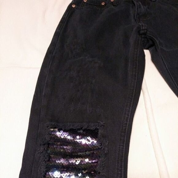 Glamorous High Waist Sequin Patch Distressed Skinny Jeans 4 Petite - Picture 9 of 14